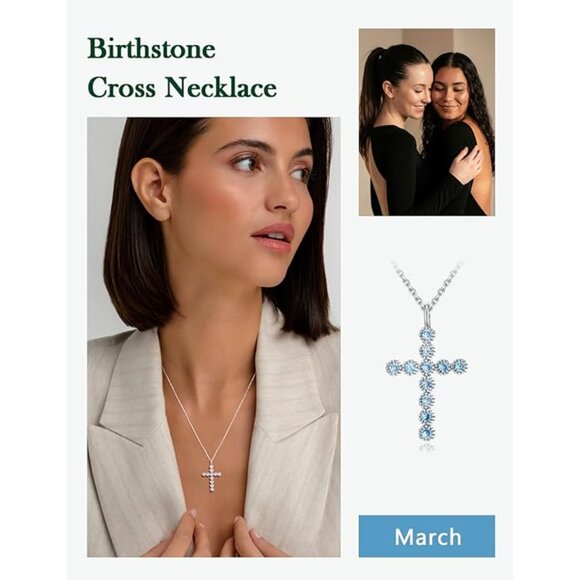 Sterling Silver Created Aquamarine Cross Necklace March Birthstone 18"+2" NWT - Picture 5 of 10